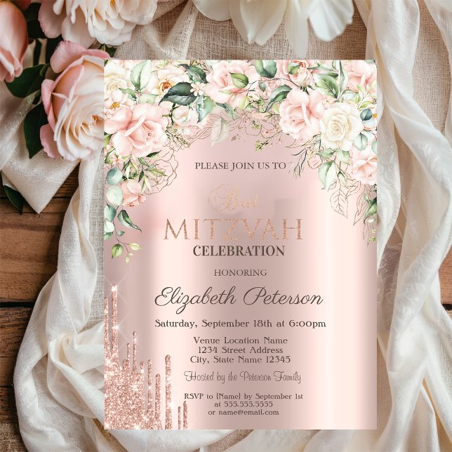 Roses Glitter Drips Rose Gold Bat Mitzvah  Invitation (Creator Uploaded)