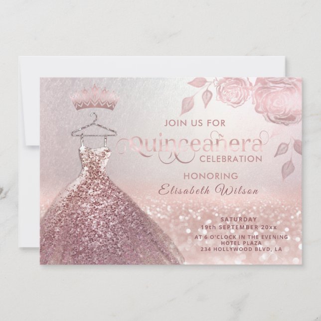 Roses glitter sequins rose gold dress Quinceañera  Invitation (Front)