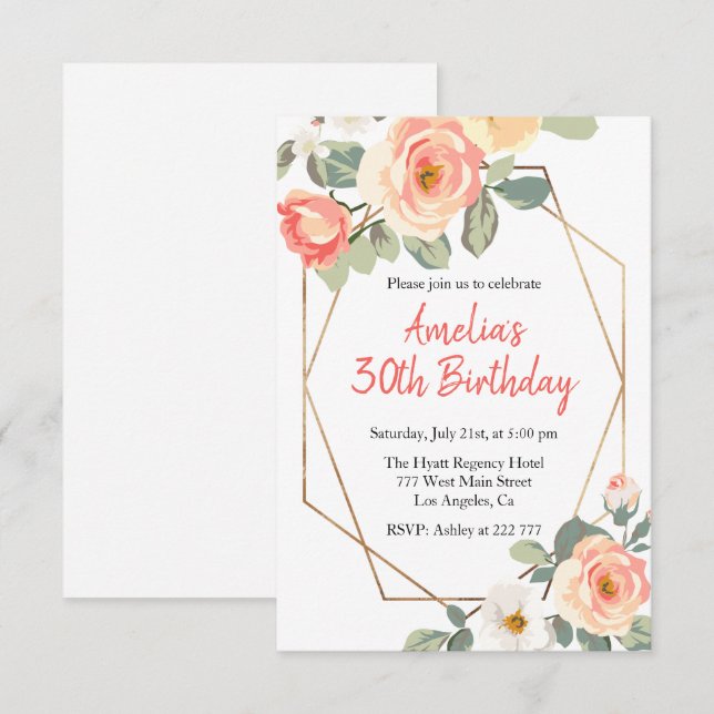 Roses & Gold Frame Birthday Invitation (Front/Back)