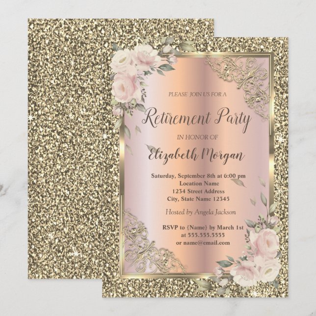 Roses,Gold Frame,Rose Gold,Glitter Retirement Invitation (Front/Back)