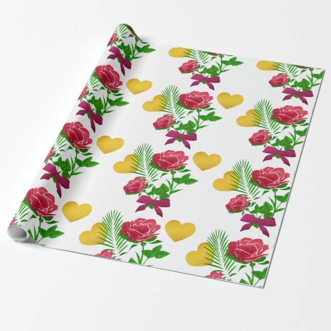 Roses & Gold Heart Gift Wrapping Paper (Unrolled)