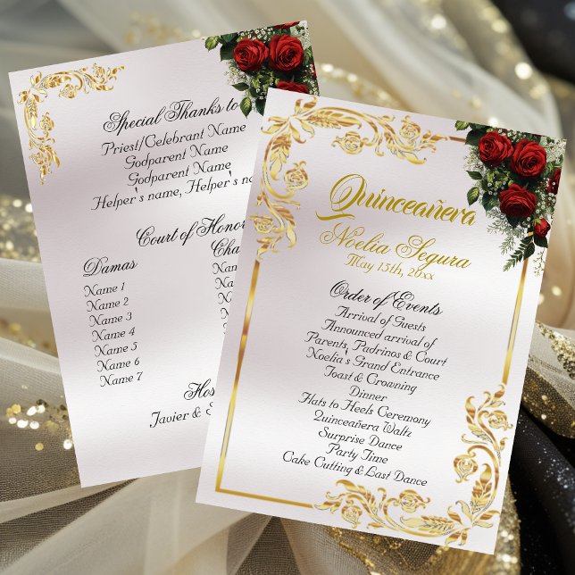 Roses & Gold Leaves - Pearl Quinceanera Program Programme (Creator Uploaded)