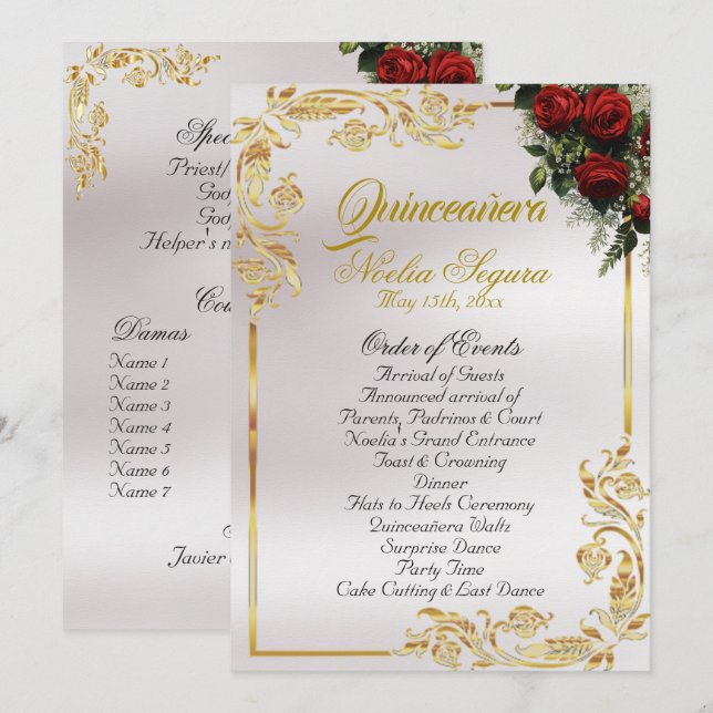 Roses & Gold Leaves - Pearl Quinceanera Program Programme (Front/Back)