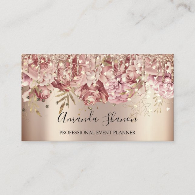 Roses Gold Pink Confetti Drip QR CODE Logo  Business Card (Front)