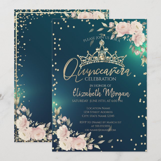 Roses,Gold Tiara,Diamonds Green Quinceañera   Invitation (Front/Back)