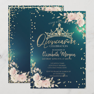 Roses,Gold Tiara,Diamonds Green Quinceañera Invitation