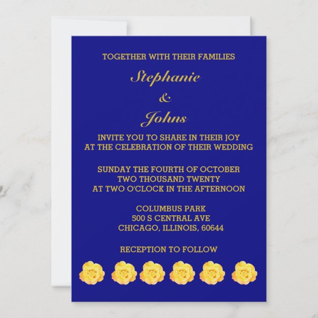 Roses Golden Yellow Gold Navy Blue Floral Wedding Invitation (Front)