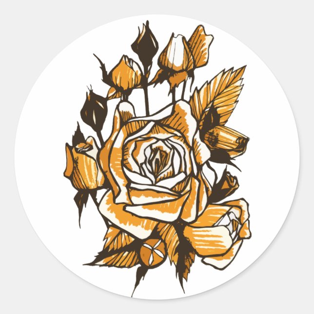 Roses, graphic floral art, blooming rose flowers classic round sticker (Front)