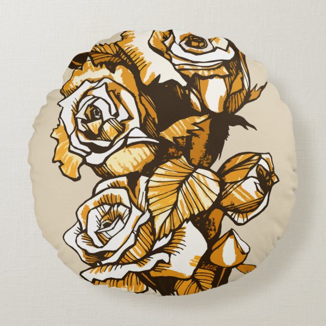 Roses, graphic floral art, blooming rose flowers round cushion (Front)