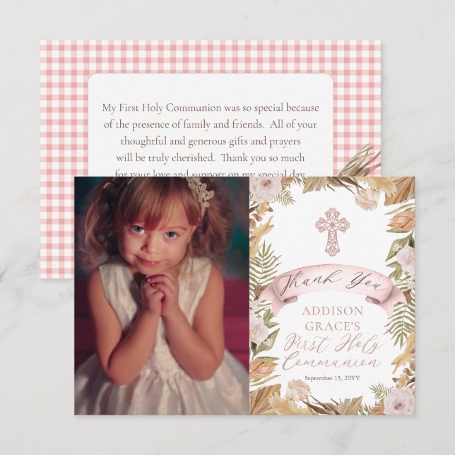Roses | Grasses Floral Girl First Holy Communion Thank You Card (Front/Back)