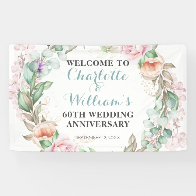 Roses Greenery 60th Diamond Wedding Anniversary  Banner (Horizontal)