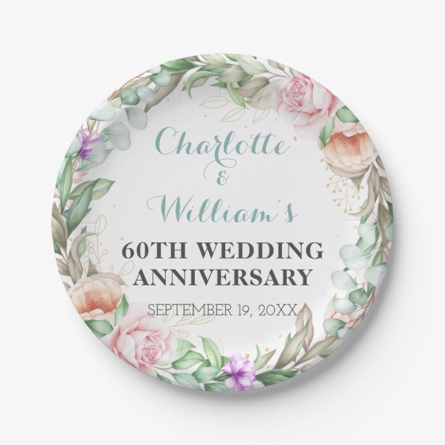 Roses Greenery 60th Diamond Wedding Anniversary  Paper Plate (Front)