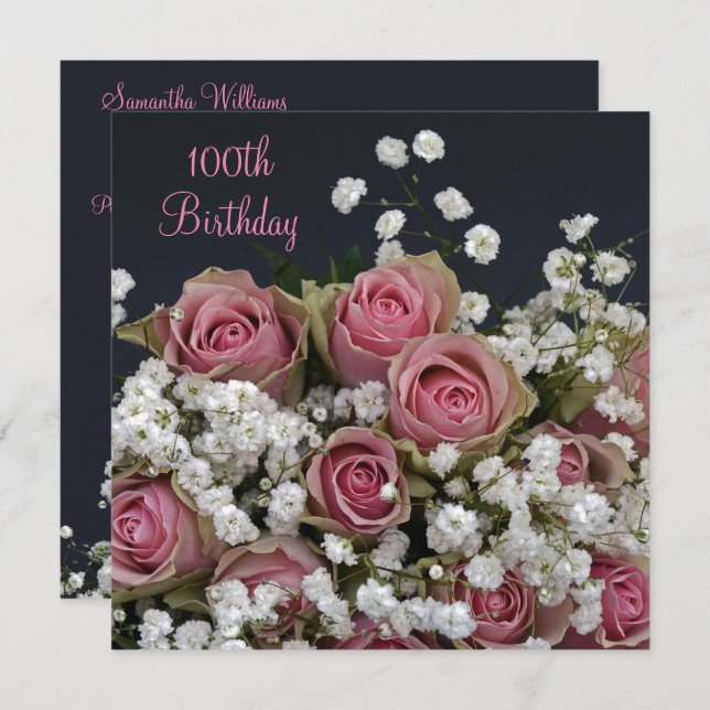 Roses & Gypsophila Bouquet 100th Birthday Invitation (Front/Back)
