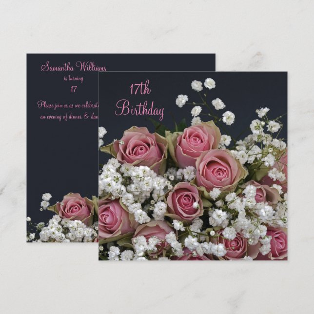 Roses & Gypsophila Bouquet 17th Birthday Invitation (Front/Back)