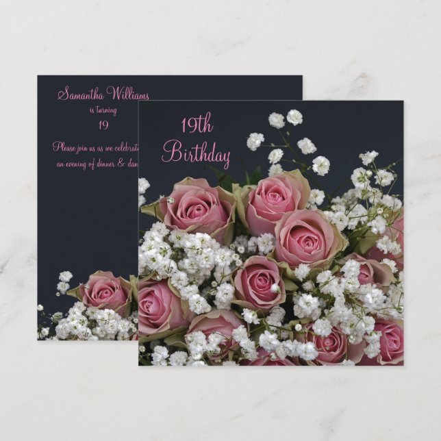 Roses & Gypsophila Bouquet 19th Birthday Invitation (Front/Back)