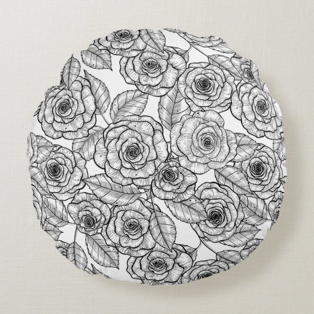 Roses hand drawn pattern round cushion (Front)