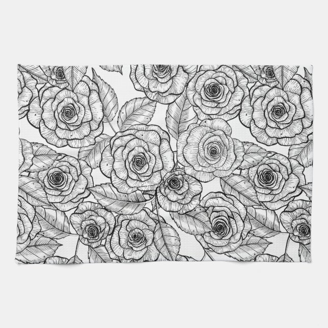 Roses hand drawn pattern tea towel (Horizontal)