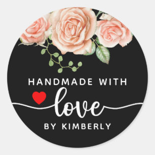 Roses Handmade with Love Black Classic Round Sticker