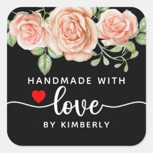 Roses Handmade with Love Black  Square Sticker