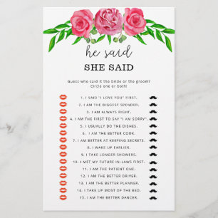 Roses He said she said bridal shower game