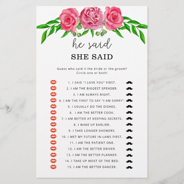 Roses He said she said bridal shower game (Front)
