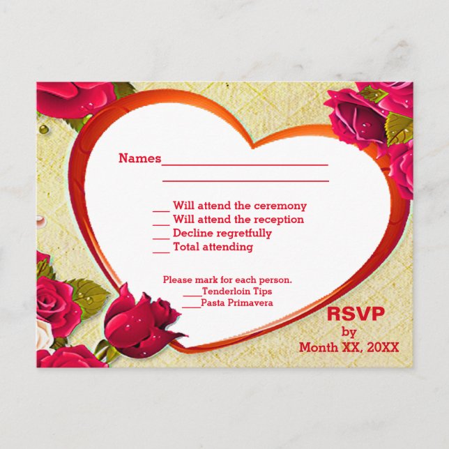 Roses & Heart Frame RSVP & Menu Postcard (Front)