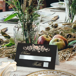 Roses & Heart Monogram - Black Place Card