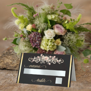 Roses & Heart Monogram - Black Place Card
