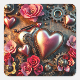 Roses, Hearts and Metal Gears Steampunk Square Sticker