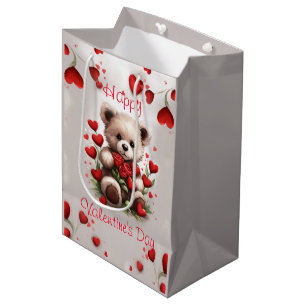 Roses & Hearts Cute Teddy Bear Valentine's Day Medium Gift Bag