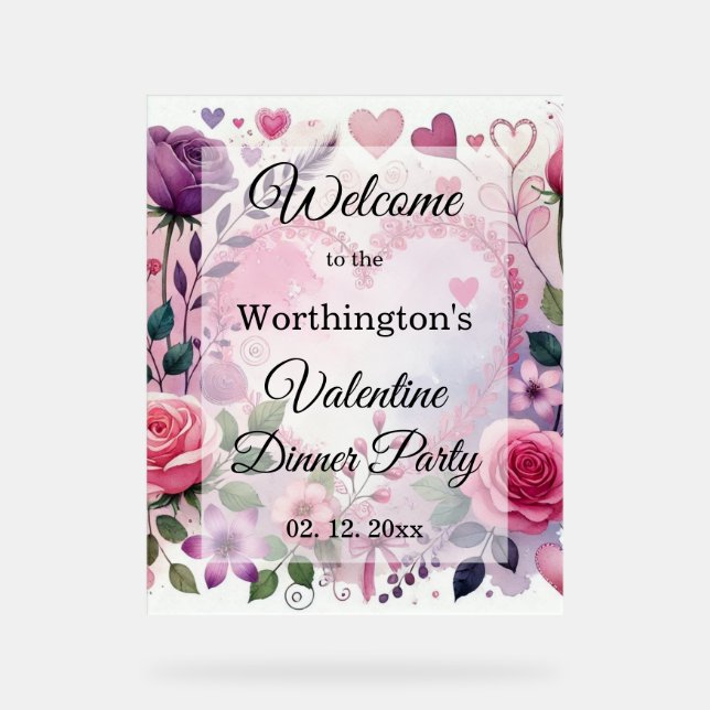 Roses hearts Valentine floral pastel watercolor Acrylic Sign (Front)