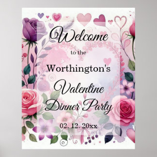 Roses hearts Valentine floral pastel watercolor Poster