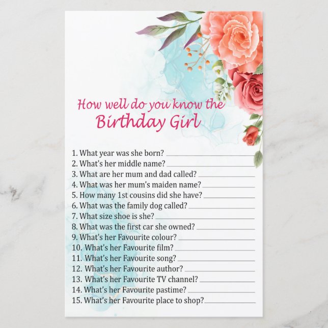 Roses How well do you know the birthday girl (Front)