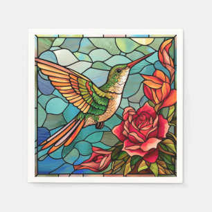 Roses & Hummingbird Stained Glass Style Napkin