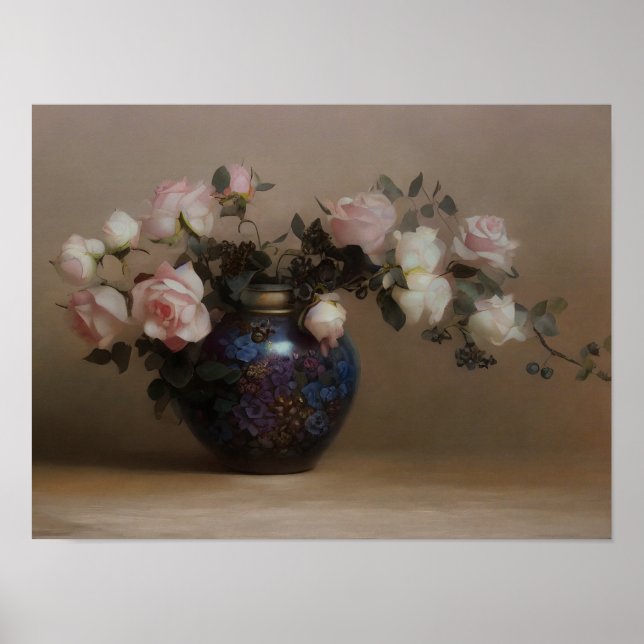 Roses in a beautifull vase - still life paintin poster (Front)