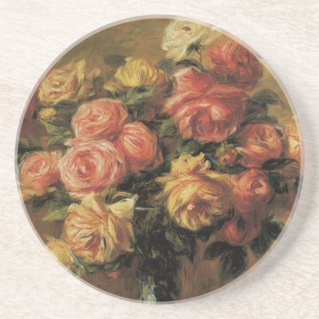 Roses in a Vase by Pierre Renoir, Vintage Fine Art Coaster (Front)