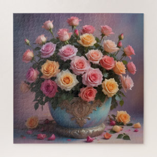 Roses in blue vase jigsaw puzzle