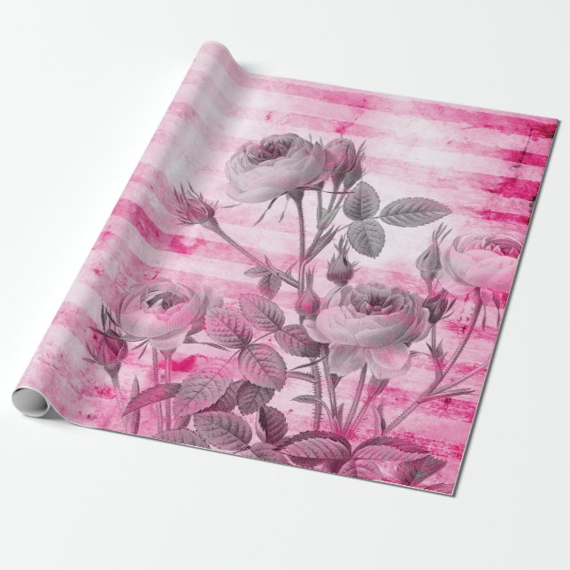 Roses in Hot Pink Background | Floral Wrapping Paper (Unrolled)
