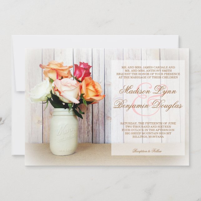 Roses in Mason Jar Rustic Country Wedding Invites (Front)