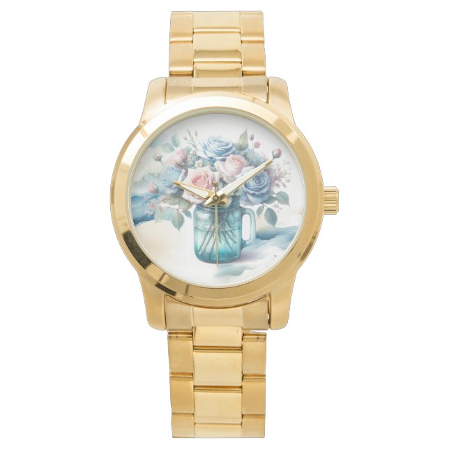 Roses in Mason Jar Vintage Style Watch (Front)