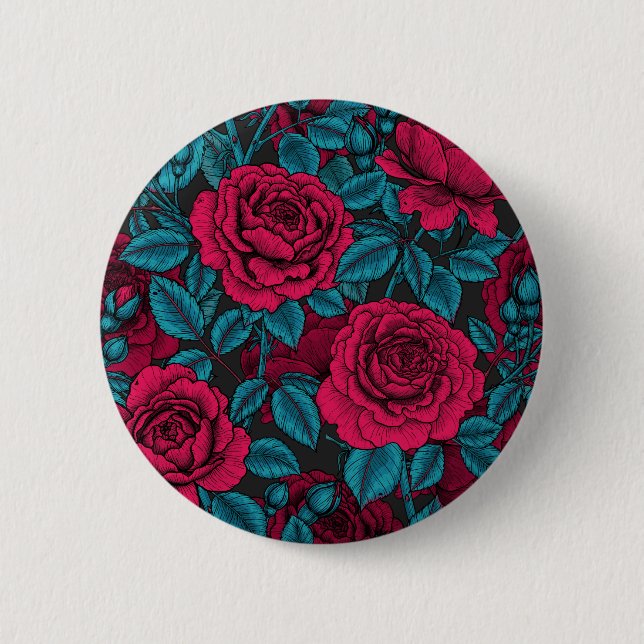 Roses in red and blue 6 cm round badge (Front)