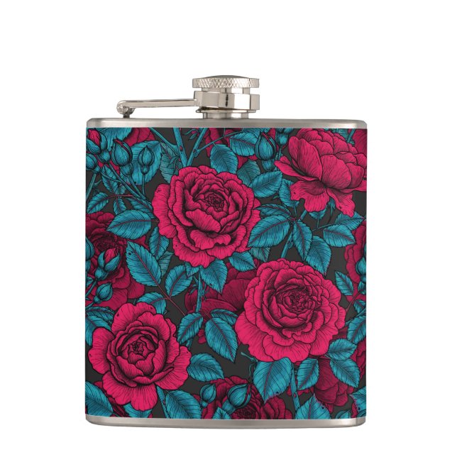 Roses in red and blue hip flask (Front)