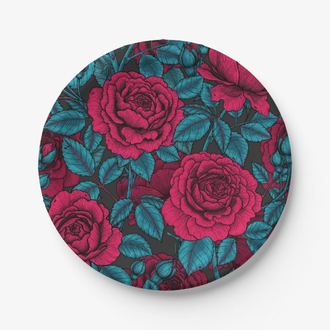 Roses in red and blue paper plate (Front)
