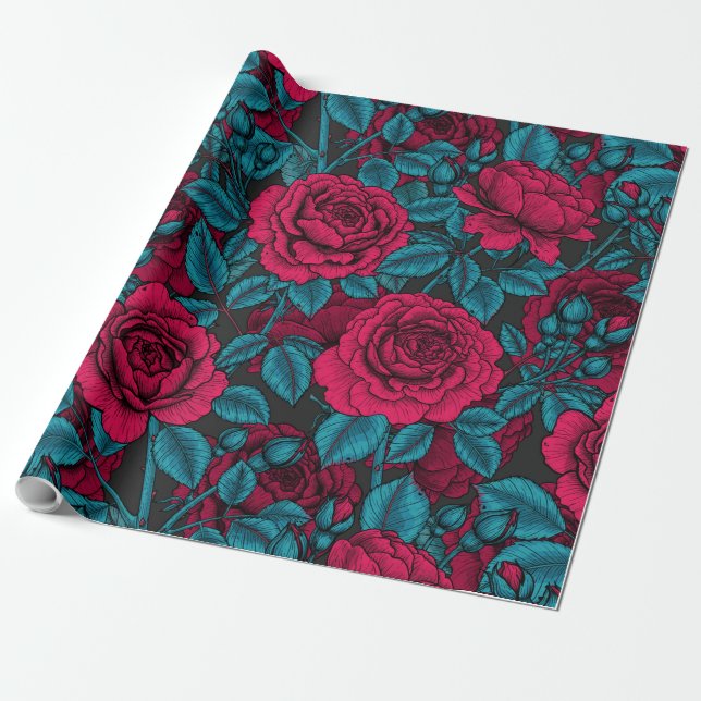 Roses in red and blue wrapping paper (Unrolled)