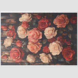 Roses in Red and Pink Painted on Wood Decoupage Tissue Paper