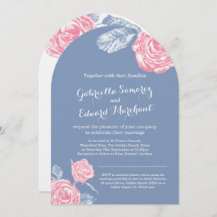 Roses ink sketch blue pink wedding  invitation