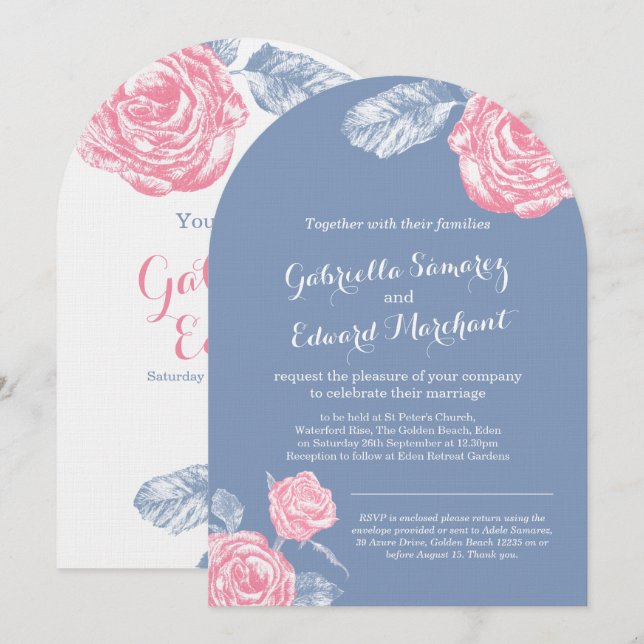 Roses ink sketch blue pink wedding  invitation (Front/Back)