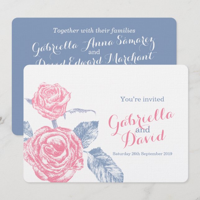 Roses ink sketch blue pink wedding invite (Front/Back)