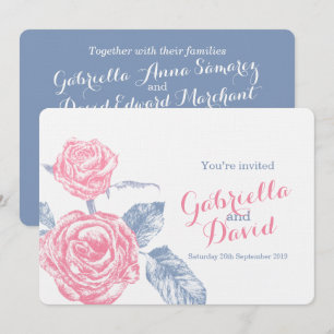 Roses ink sketch blue pink wedding invite