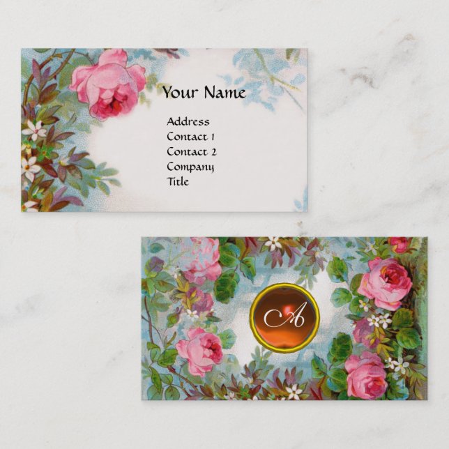ROSES & JASMINES FLORAL MONOGRAM ORAMGE GEM White Business Card (Front/Back)